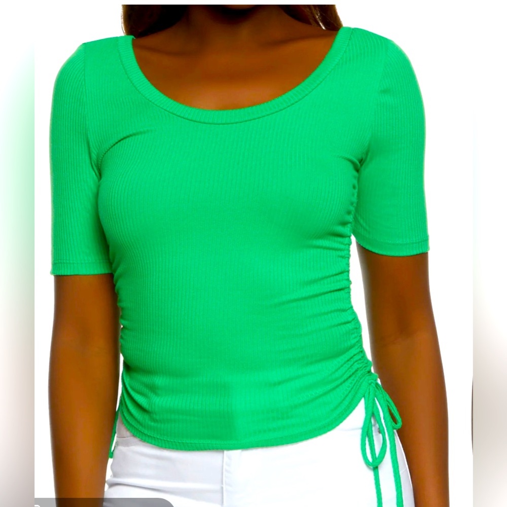 Basic Scoop Neck Ruched Tee Green